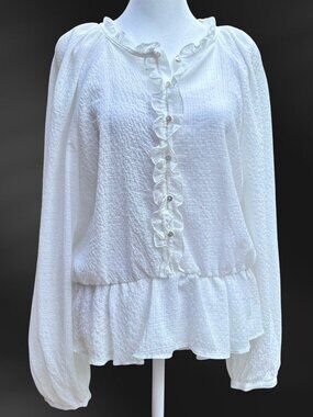 ZARA White Textured Sheer Peplum Blouse Ruffle Button Front Long Sleeve Lg